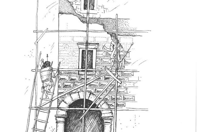 Tvorba sgrafitové výzdoby, Český Krumlov. Ilustrace Lucie Boháčová. Obr. nepodléhá Creative Commons.